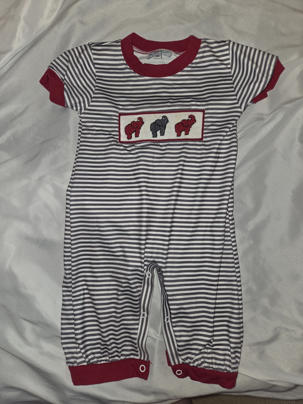 Striped Infant Romper with Red Trim and Elephant Smocking